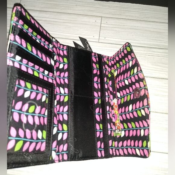 Vera Bradley Euro Wallet Tri-Fold Black with Colorful Flowers Retro Floral - Picture 5 of 9